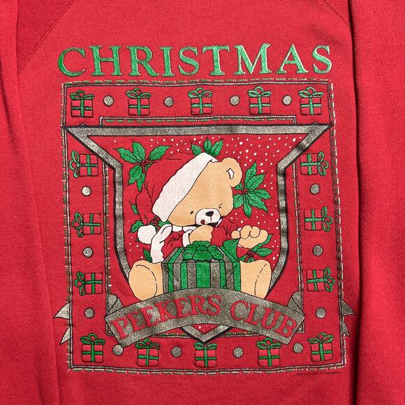 Vintage 90s Christmas Peekers Club Teddy Bear Sweatshirt Red Holiday Ulta Sweats - Picture 2 of 6